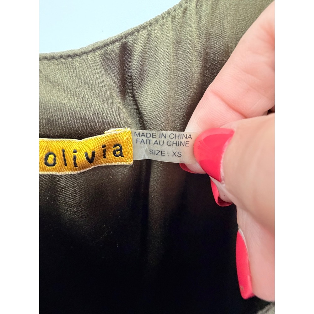 Alice + Olivia Tank Dress Womens XS Olive Green Silk Draped Mini Elastic waist - Picture 6 of 11
